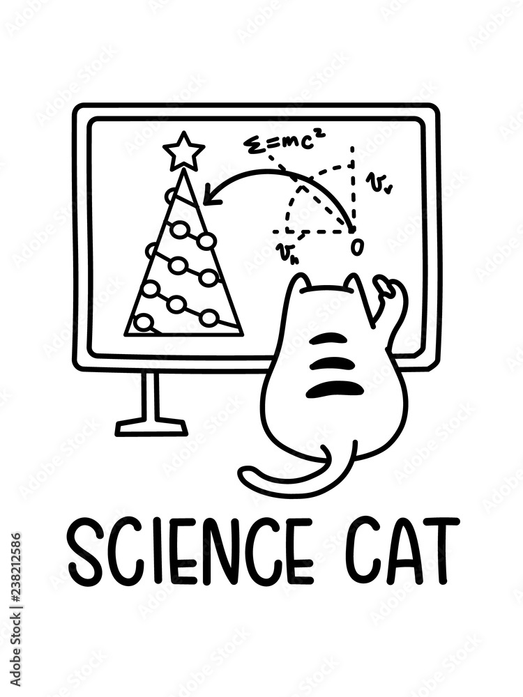 A Cartoon Vector Drawing Of A Science Cat In Front Of A Board Planning  Attach On A Christmas Tree Stock Vector | Adobe Stock