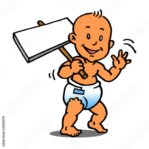 baby boy holding a banner and waving his hand cartoon