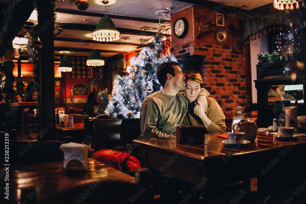 family couple love happy cafe holiday christmas