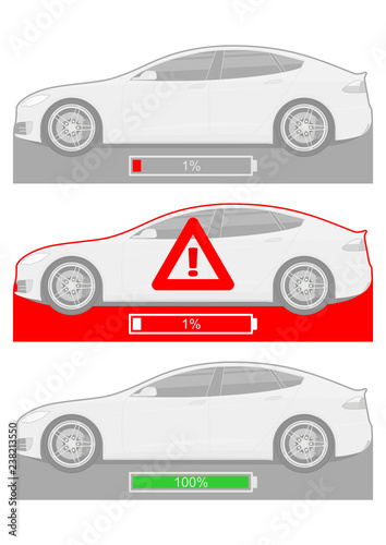 Electric car with battery status indicator. Electromobility concept. Side view. Flat vector.