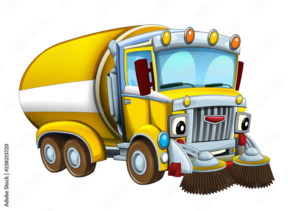 Cartoon happy and funny looking cistern truck street cleaner on white background - illustration for children