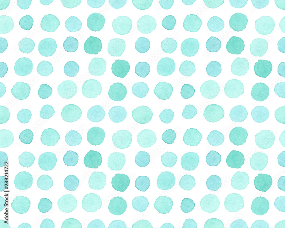 Seamless pattern with arranged rows of turquoise blue polka dots painted in watercolor on white isolated background Seamless pattern with arranged rows of turquoise blue polka dots painted in watercolor on white isolated background