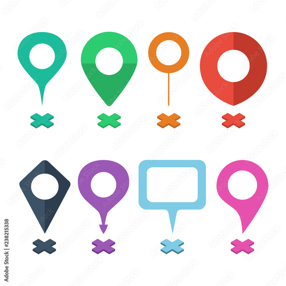 Set of navigational markers of different shapes. Navigation pins, navigational mark, navigation points. Vector illustration in a flat style.