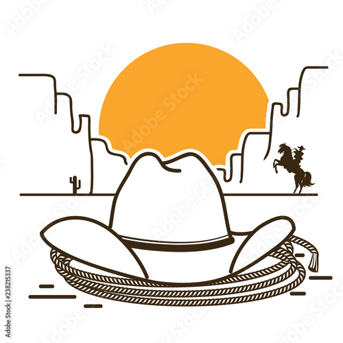 Wild West illustration with cowboy western hat on American desert