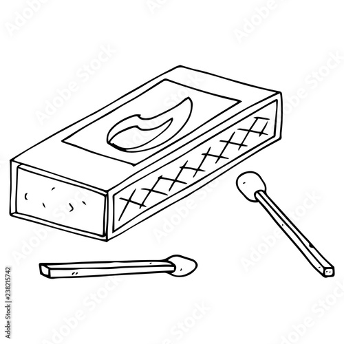Closed box of matches with a picture of fire. Wooden matches. Scattered matches. Hand drawn matchbox.