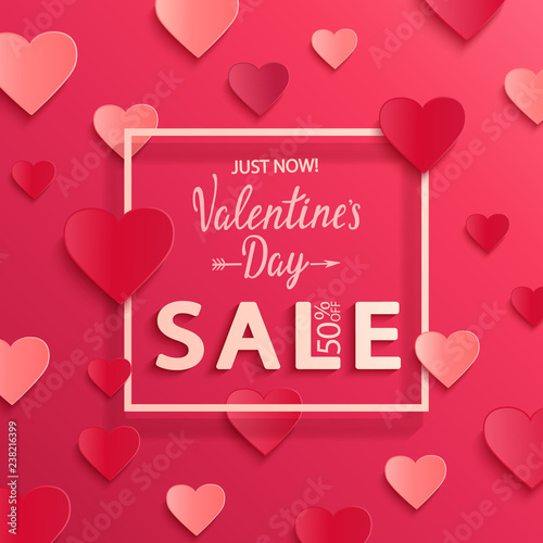 Valentines day sale background, poster template with square frame. Pink abstract background with hearts ornaments from paper, origami style. Discount flyer, card for february 14.Vector illustration.