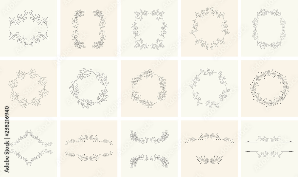 Set of floral frames and wreaths with plant.