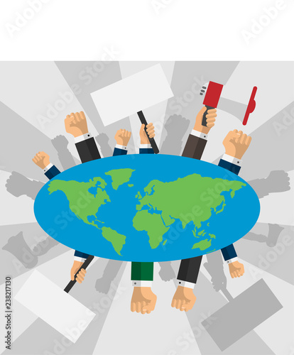 Human hands raised with banners around the earth globe