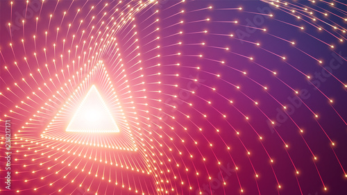 Vector infinite triangular tunnel of arrows. Glowing arrows form tunnel sectors. Colorful science field visualization of forces. Matrix of arows with magnitude and direction. Flow. Interaction.