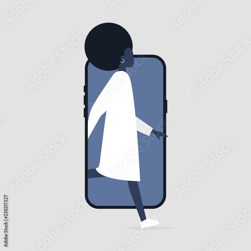 Young active black female character stepping out of the smartphone screen