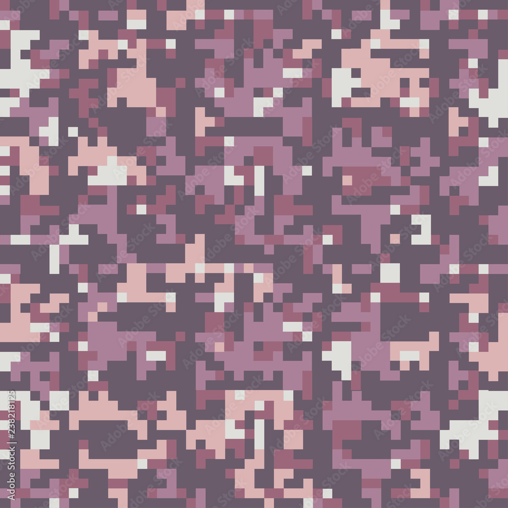 Urban digital camo seamless texture. Camouflage pattern in maroon colors. Fashionable military print.  Battle Dress Uniform (BDU). Vector pixel wallpaper