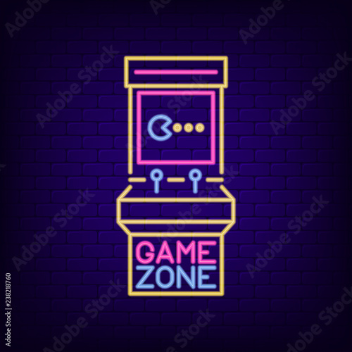 Neon sign of retro slot machine. Game Zone signboard with night light arcade game machine. Gaming advertising neon banner. Vector illustration.