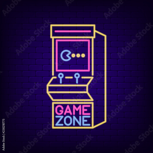 Arcade game machine neon sign. Game Zone night light signboard with retro slot machine. Gaming advertising neon banner. Vector illustration.