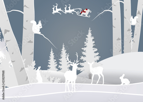 winter season and merry christmas with the animal in the forest, paper art and craft style.