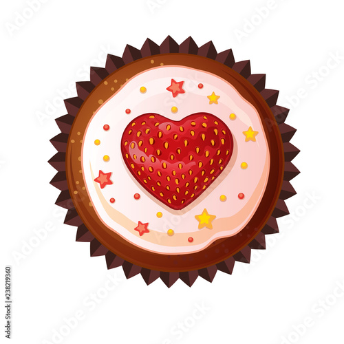 Vector cupcakes with strawberries. Top view flat icon on white background.
