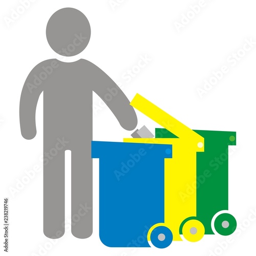 Sorted waste, person and three waste cans, vector icon. Group of three cans for waste. Containers for plastics, glass and paper.