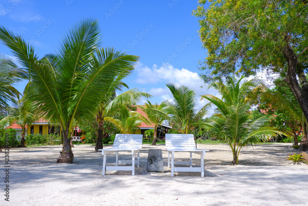 beachfront chairs are located in front of the resort and have palm trees around on the beach.