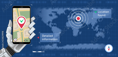 Search Location by Robot. Mechanical hand of a robot which is holding smartphone and showing city map on mobile app all of them are on a world map background.