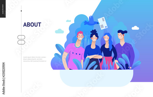 Business series, color 2- about company, contact -modern flat vector concept illustration of a company employees posing together. Business workflow management. Creative landing page design template