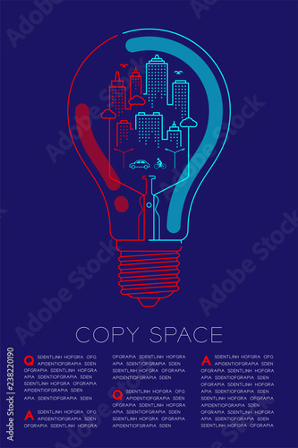 Incandescent light bulb outline stroke set dash line design, City power saving concept illustration isolated glow in blue gradient background