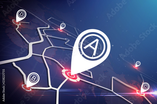 Technology map concept.  Location marker on map around the world.