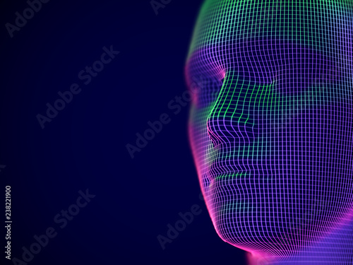 Virtual reality or cyberspace concept: wireframe of male face. Digital human or robot head - abstract visualization of artificial intelligence and future technology. EPS 10, vector illustration.