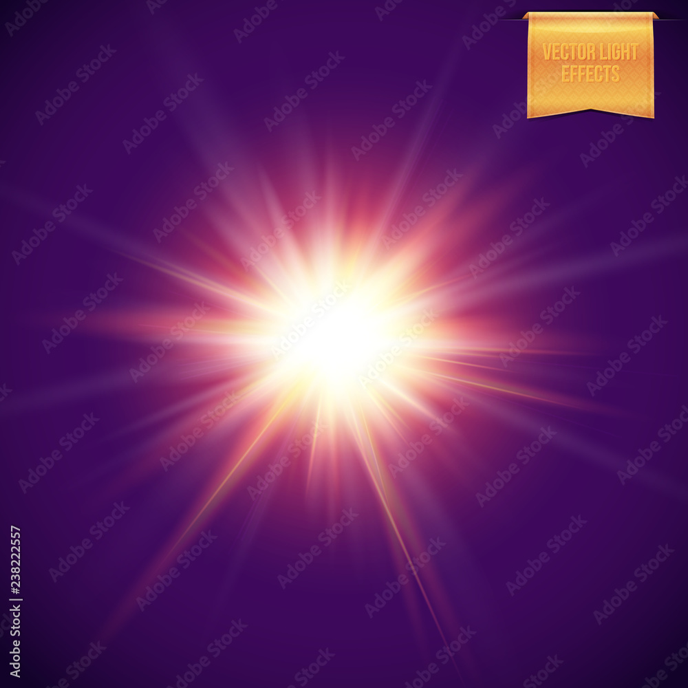 Obraz premium Realistic, bright, glowing sun, star burst on dark background.