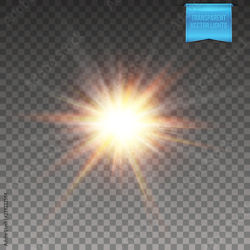 Transparent background. Vector illustration of realistic glowing sun, star burst.