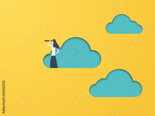 Business vision vector concept with businesswoman and telescope. Symbol of business visionary, leader, leadership concept, ambition and motivation.