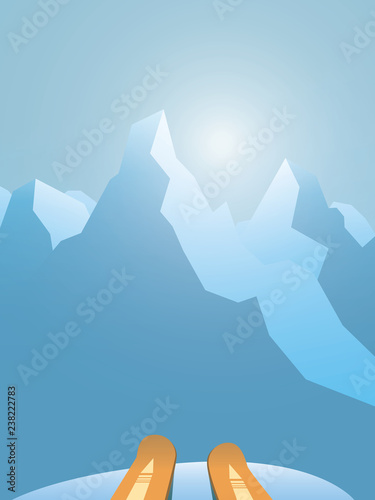 Skiing in the mountains vector concept with first person view on skis and the mountains. Outdoor, active, healthy lifestyle. Extreme freeskiing poster for holiday and winter sports.