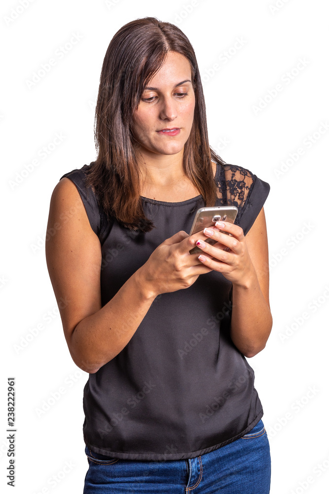 surprised or worried young woman looking at her mobile phone isolated on white background surprised or worried young woman looking at her mobile phone isolated on white background