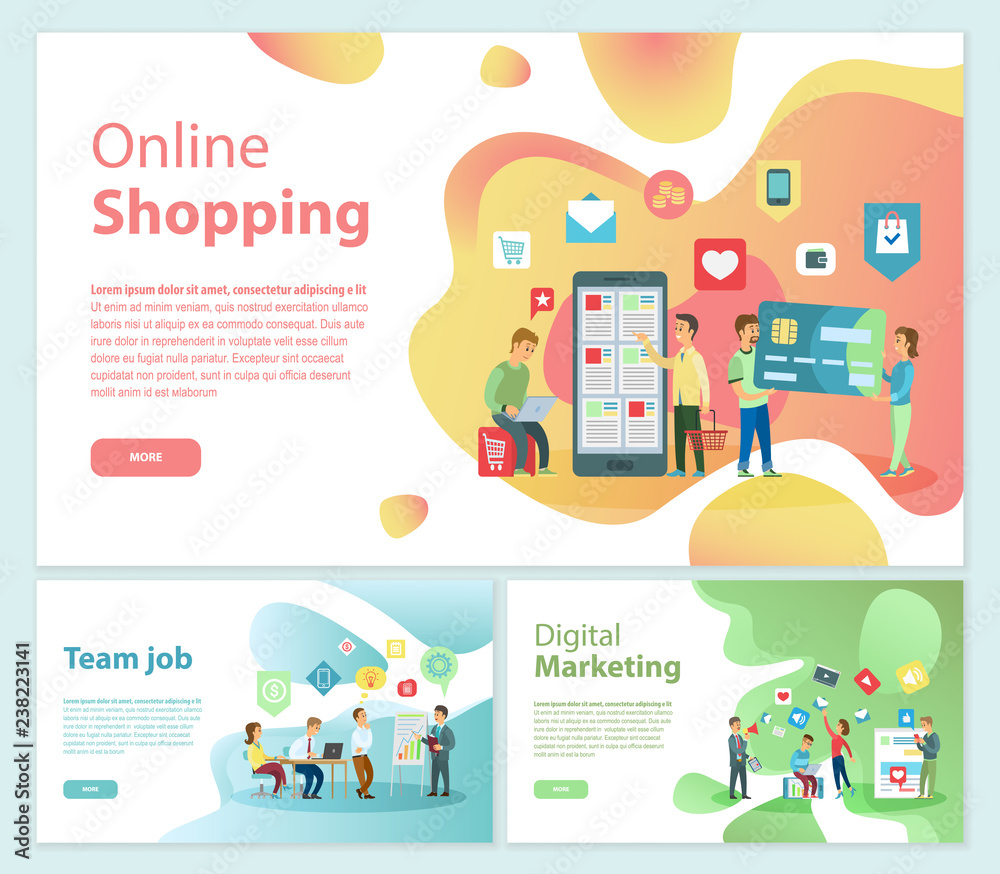 Online Shopping Team Job Posters Text Set Vector