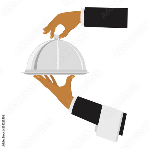 Hand with tray. Hands of the waiter with a tray. Concept service and delivery. Vector illustration.