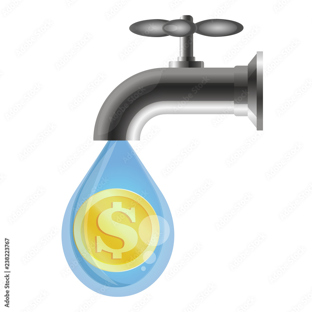 A drop of water with money drops from the tap