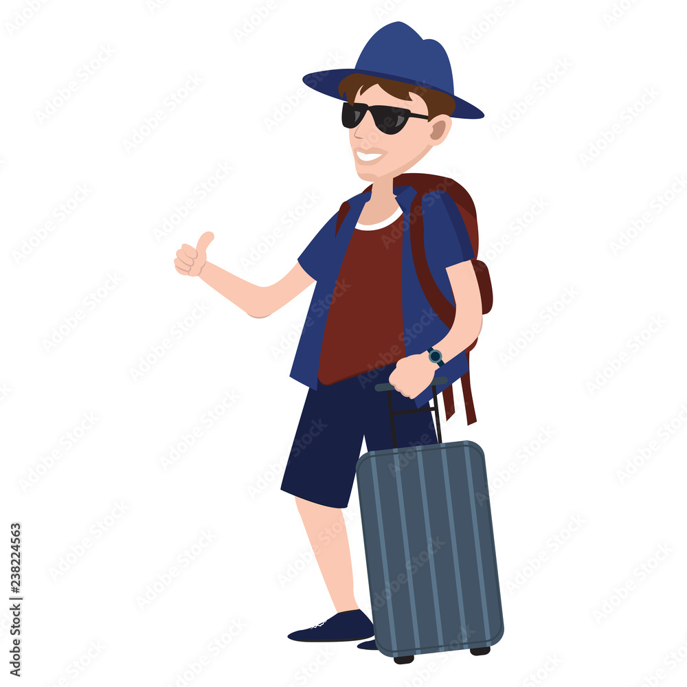 Happy tourist man with blue suitcase. The tourist man standing in front view wearing summer clothes and blue cap and holds a blue suitcase. Vector illustration