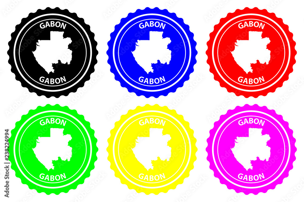 Gabon - rubber stamp - vector, Gabonese Republic map pattern - sticker - black, blue, green, yellow, purple and red