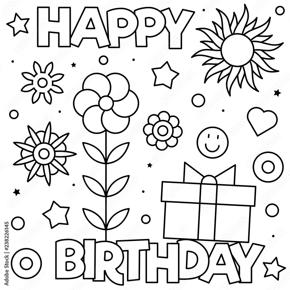 Happy Birthday. Coloring page. Black and white vector illustration