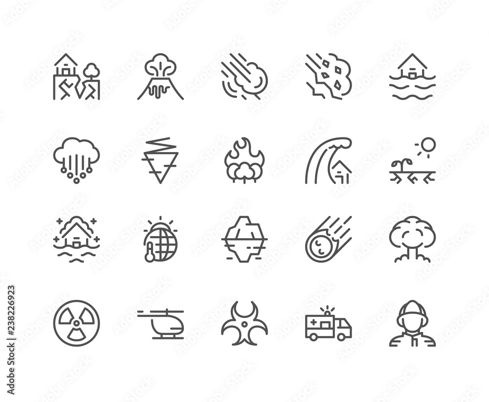Set of Disasters vector icons, line style.