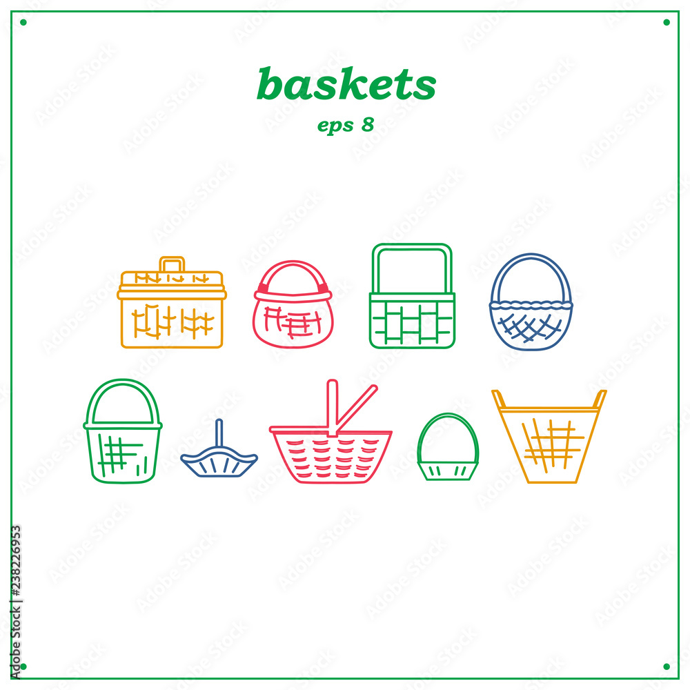 Collection of various baskets. Wicker empty baskets. Linear style
