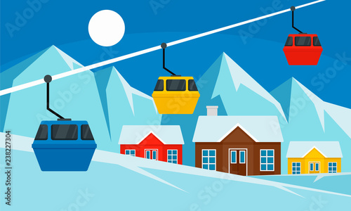 Cable car ski resort banner. Flat illustration of cable car ski resort vector banner for web design