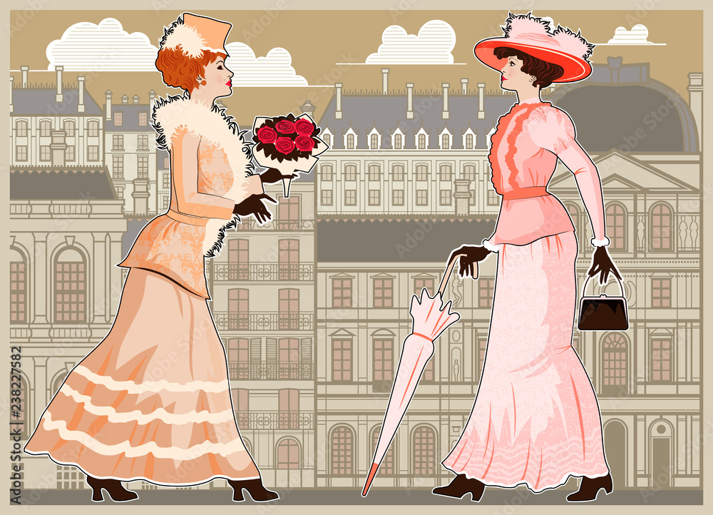 Two women walking the streets of Paris. Vintage style. - obrazy, fototapety, plakaty 
