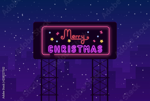 Merry Christmas neon luminous urban banner on snowy background.