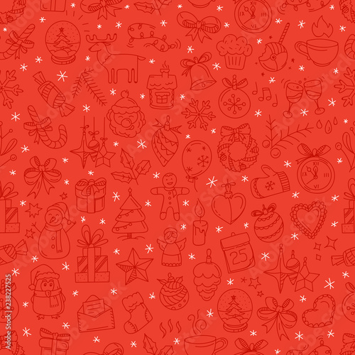 Red seamless background with winter elements in doodle style. Vector hand drawn illustration