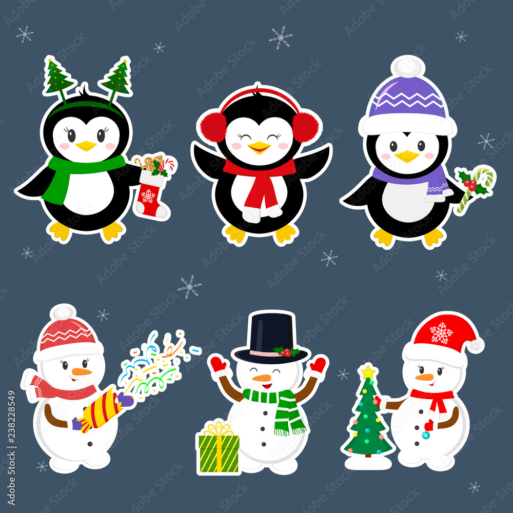 New Year and Christmas card. Set stickers of three penguins and three snowmen characters in different hats and poses in winter. Christmas tree, gifts, confetti. Cartoon style, vector