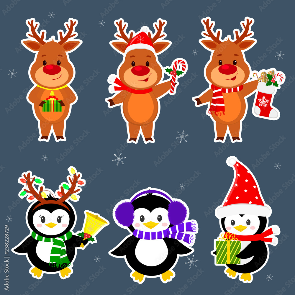 New Year and Christmas card. A set stickers of three penguins and three deer characters in different hats and poses in winter. Box with a gift, candy, sock, bell. Cartoon style, vector