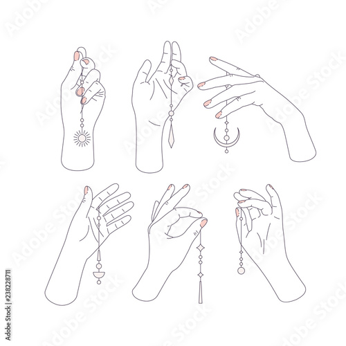 Woman hand set holding minimalist jewelry. Shopping. Handmade jewelry shop. Feminine illustration. Vector illustration