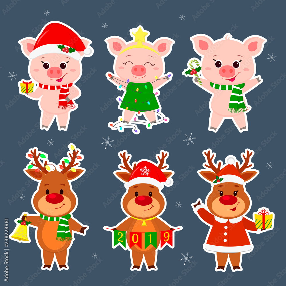 Obraz premium New Year and Christmas card. A set sticker of three deer and three pig characters in different hats and suits in winter. Gift box, candy, new year tree, bell. Cartoon style, vector