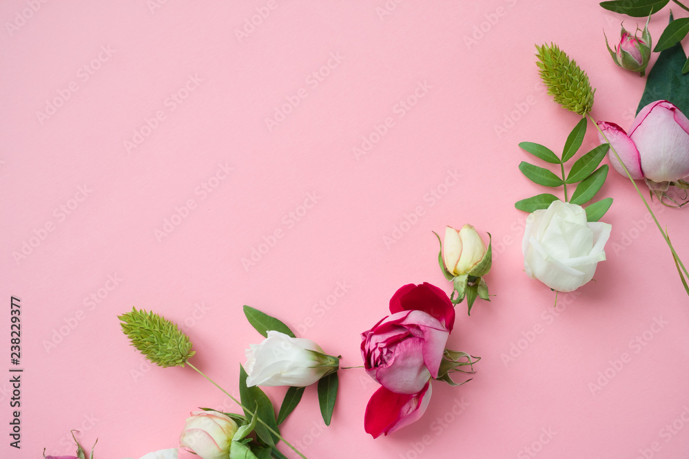 Frame of purple and pink roses, white Lisianthus and different flowers on pink background.