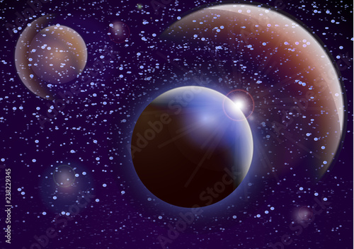 Deep space background. Universe with planets and bright stars. Effects of halo light on a dark background, flashes of light. Vector illustration.