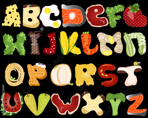 Cartoon letters. Stylized cute alphabet with food elements